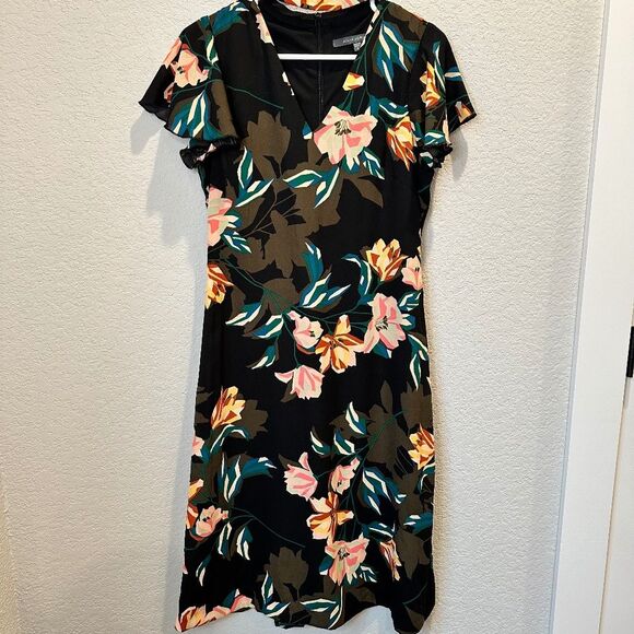 Julia Jordan Black Bold Floral Flutter Sleeve V-Neck Midi Dress - Size 4 - EUC - Picture 1 of 6